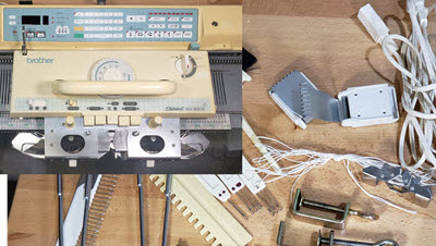 Buying a Knitting Machine? Questions to ask Knitting machine carriage with essential tools and accessories, including needles, weights, and transfer tools for machine knitting