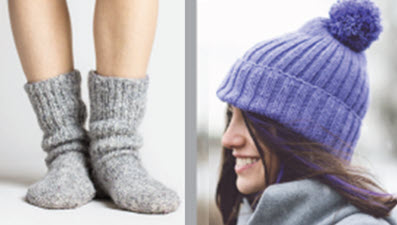 About Negative Ease Side-by-side photos showing negative ease in action: a fitted pair of socks hugging the feet and a snug knitted hat conforming to a model's head shape