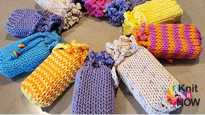 Join the Movement: Knit Soap Sacks for a Worthy Cause! Collection of colorful knitted soap sacks displayed together, showcasing different patterns and yarns used in this charity knitting project