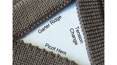 Turning Rows Side-by-side comparison of three different turning row techniques in machine knitting, with text labels identifying each method for creating sharp folded hems