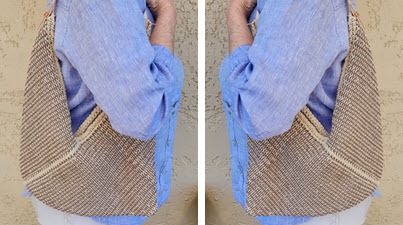 Don't be afraid to try something new... A styled photo of a machine-knitted bento bag in use, featuring decorative tuck stitch or knit weave pattern, with toggle closure and leather straps