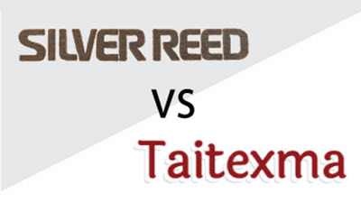 Taitexma vs Silver Reed Comparison graphic showing the logos of Taitexma and Silver Reed, two current manufacturers of domestic knitting machines