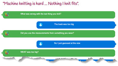 Machine Knitting is Hard Online chat screenshot sharing frustrations about machine knit garments not fitting properly