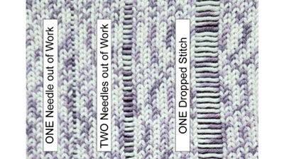 Needles out of Work vs Drop Stitches Knitted sample showing side-by-side comparison of ladder effects created by needles-out-of-work versus dropped stitches, with labeled sections identifying each technique