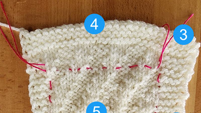 The Lessons this Swatch Taught Me A knitted swatch with measurement markers placed to check gauge, demonstrating how swatching helps plan projects and test stitch patterns.