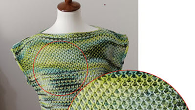 Clever Details Make This Sweater Shine Machine knitted sweater displayed on mannequin, featuring self-striping yarn enhanced by textured stitch pattern design