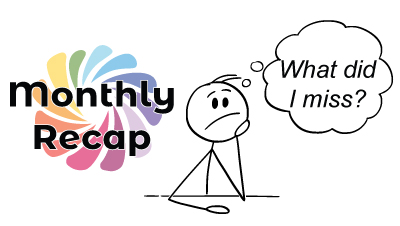 Stick figure resting chin on hand with thought bubble saying 'What did I miss?' – Monthly Recap feature for machine knitters
