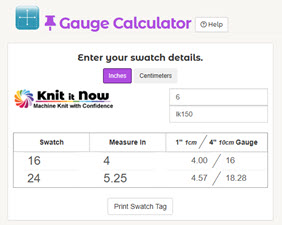 Ditch the Math: Use the Gauge Calculator Screenshot of Knit It Now's Gauge Calculator showing stitch and row input fields