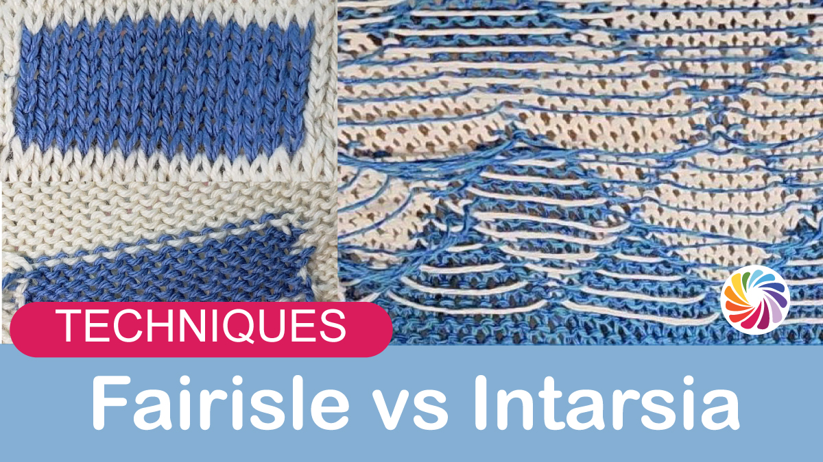 Side-by-side comparison of Fair Isle and Intarsia knitting samples showing front and back differences