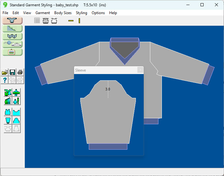 DesignaKnit Standard Garment Styling showing a set-in sleeve draft