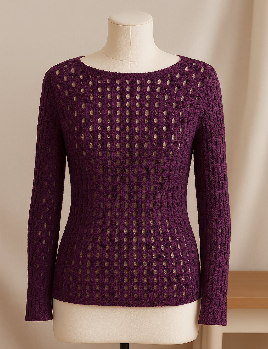Machine knit Lotus Lace sweater with Radiant Eyelet Lace stitch on mannequin.