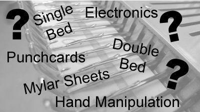 Decorative Patterning with Knitting Machines Knitting machine needle bed background with overlaid text showing pattern creation methods: punch card, electronics, mylar sheets, and hand manipulation