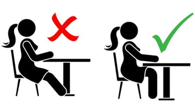 Machine Knitters: Save your Back and Shoulders Side-by-side silhouettes comparing correct and incorrect sitting postures at a machine knitting table. One woman demonstrates proper ergonomic position while the other shows poor posture