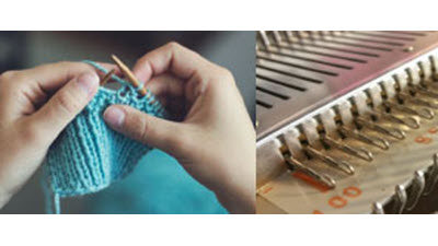 Hand Knitters guide to Machine Knitting Side-by-side comparison showing hands holding traditional knitting needles next to a knitting machine, illustrating the transition from hand to machine knitting