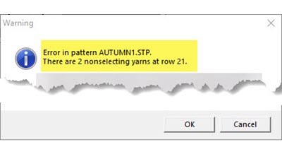 Learn DesignaKnit: There are 2 non-selecting yarns at row ... Screenshot of DesignaKnit software showing the error message 'There are 2 non-selecting yarns at row' with the problematic pattern area highlighted