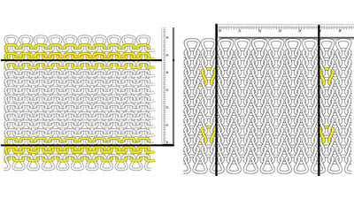 The ONE Secret to Machine Knitting Success Illustration showing how to measure knitting gauge, featuring drawings of knitted swatches with markings for counting stitches horizontally and rows vertically