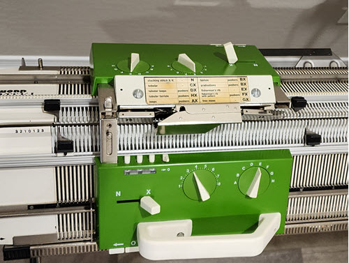 DM80 Passap machine with punchcard, color changers, and Deco Charting Device DM80 double-bed Passap machine with punchcard system