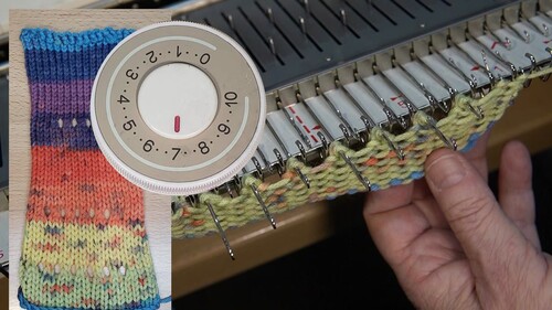 Tension Swatch and Knitting Machine Tension Dial Illustration Tension swatch with overlaid knitting machine tension dial