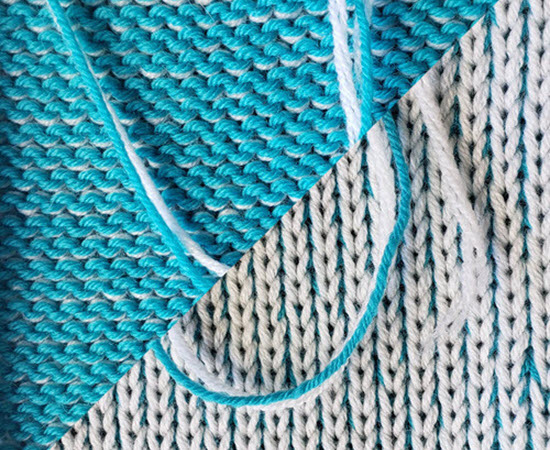 Plaiting technique using two yarns to create textured fabric with contrasting colors Plaiting technique in machine knitting with two yarns